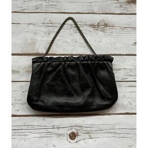 VTG Joseph Magnin Thick Black Leather Ruffled Short Chain w/ Snap Lever Closure